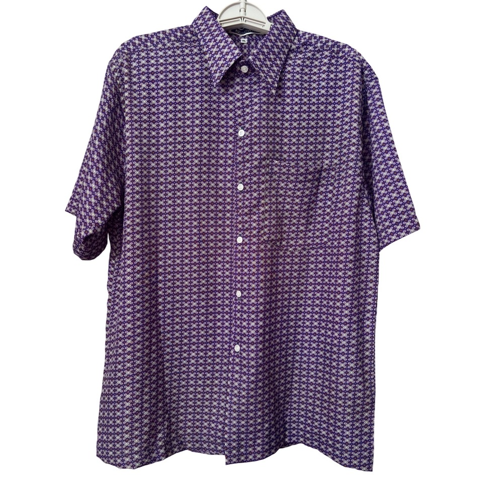 Kaewfa Button Down Shirt Mens XL Purple Geometric Diamond Cotton Short Sleeve EX